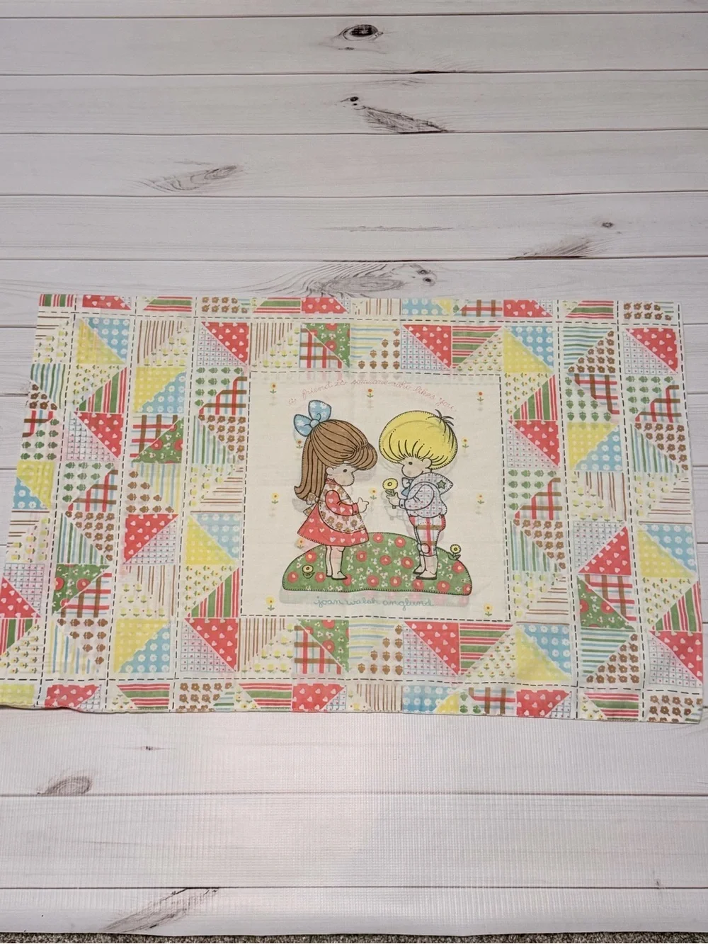 Vintage Style Children's Pillowcase with Pastel Patchwork and Illustration
